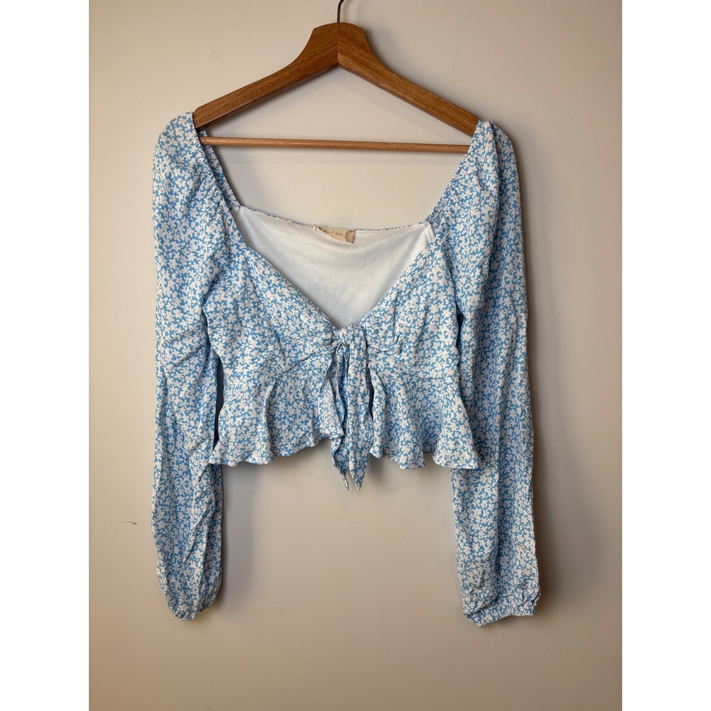 Altar'd State Blue Floral Tie Front Crop Top Long Sleeve Ruffle Hem size small